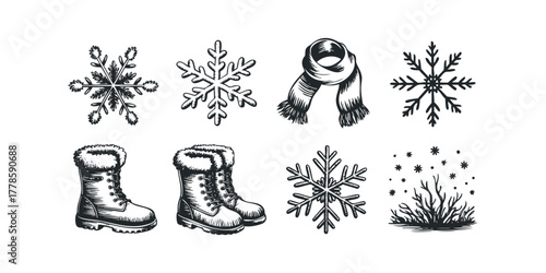 Winter seasonal graphics featuring snowflakes, boots, and scarf