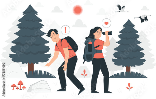 Hikers exploring nature with backpacks and binoculars Keywords: hiking, trekking, exploration