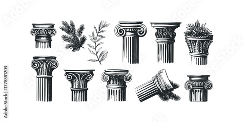 Collection of Roman and Greek Column Capitals and Foliage