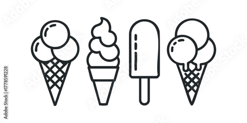 Set of stylized ice cream cones and popsicle