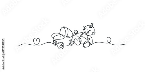 Child figure with toy pram and heart shape drawn with single line