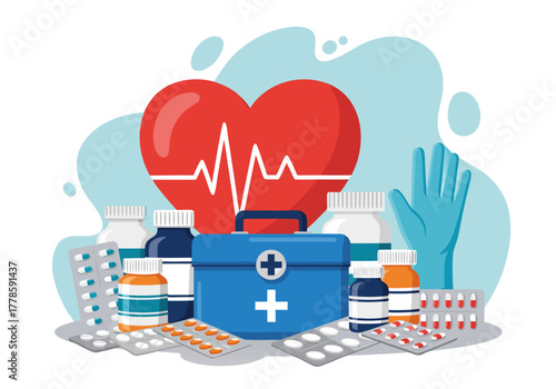 First aid and medical supplies concept illustration kit, heart with ECG, pills, and bottles, symbolizing health, treatment, and emergency