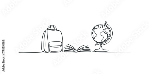 Line art school supplies with globe and open book