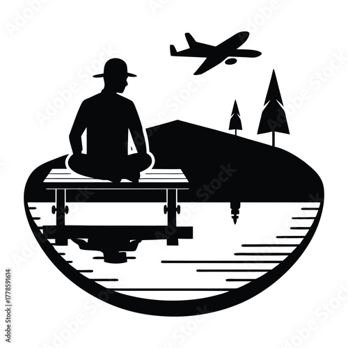 Traveler Sitting on Dock with Airplane Reflection 