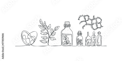 Continuous line art of botanical elements and bottles