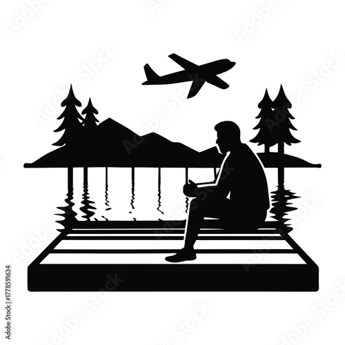 Traveler Sitting on Dock with Airplane Reflection 