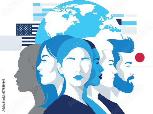  Diverse group of people in profile against a backdrop of the globe and flags, representing global unity, diversity, and international connection