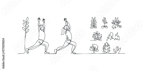 Two people practicing yoga surrounded by plant foliage