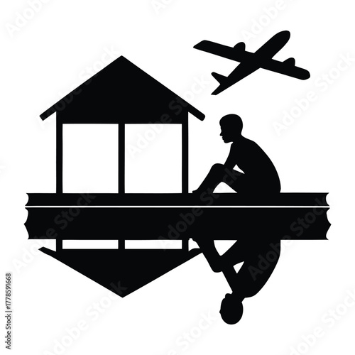 Traveler Sitting on Dock with Airplane Reflection 