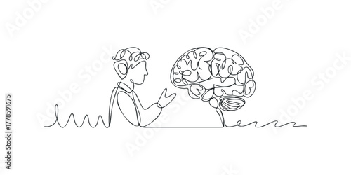 Person gesturing toward a stylized human brain in line art