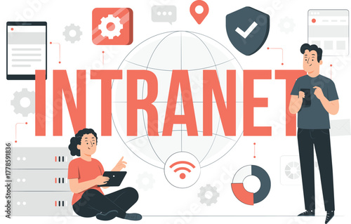Intranet concept with people and technology icons network internet