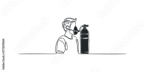Person wearing oxygen mask connected to a tank