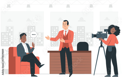 Interview Scene with Two Men and a Camera Operator media television