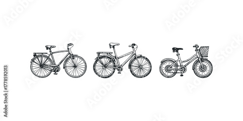 Three Hand Drawn Bicycles with Basket