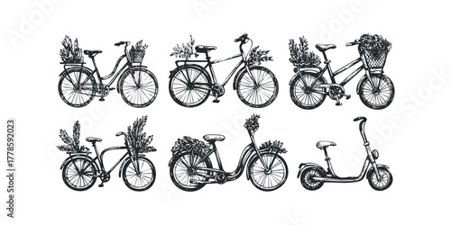 Collection of sketched bicycles and scooter with greenery