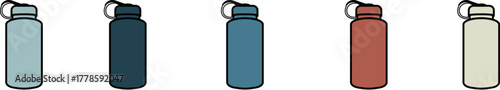 Colorful array of eco-friendly reusable water bottles. A collection of insulated metal flasks for staying hydrated during sports, travel, and daily life