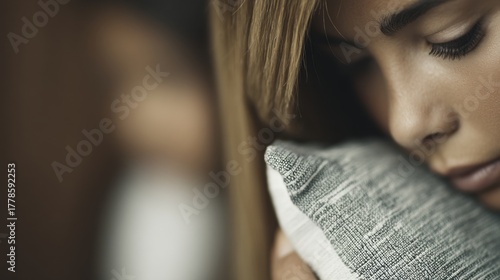 A close-up of a woman resting her face on a cushion, conveying a sense of introspection and emotional depth.