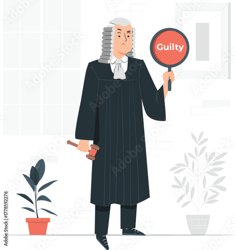 Judge holding a gavel and a sign with the word Guilty court justice