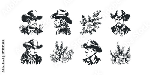 Cowboy Portrait Collection with Floral Accents and Wheat Stalks