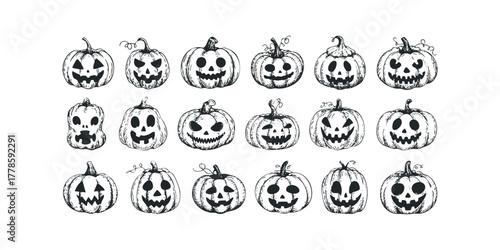 Collection of hand-drawn Halloween jack-o-lantern pumpkin faces