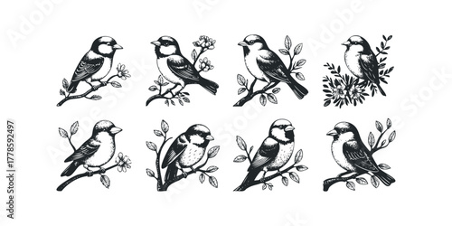 Set of eight small birds perched on branches with leaves and flowers
