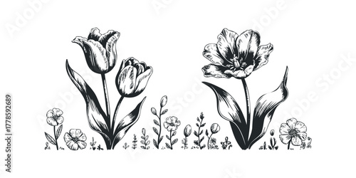 Vintage floral composition with tulips and small blossoms