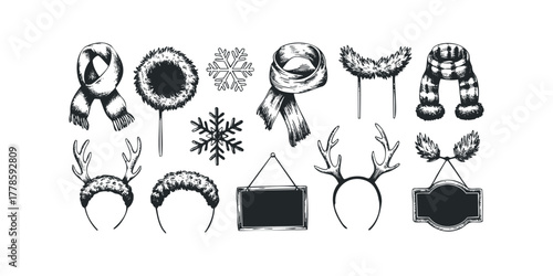 Winter accessory collection with snowflakes and signage