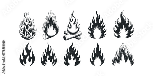 Collection of Ten Stylized Flame Icons