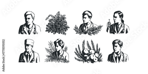 Medical professionals portrayed in vintage style with botanical accents