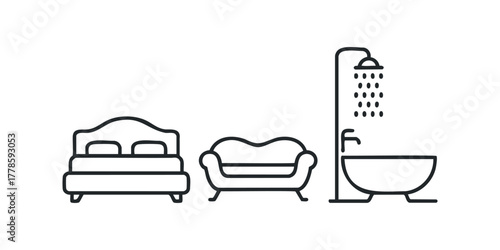 Simple outline icons for furniture and plumbing fixtures