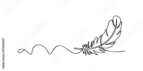 Single line drawing of a flowing feather with delicate curve