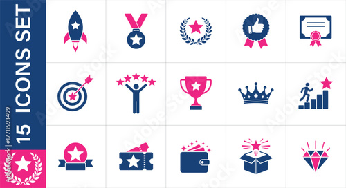 A set of achievement and success icons. including a rocket, medal, trophy, and star, 
symbolizing goals, recognition, and rewards