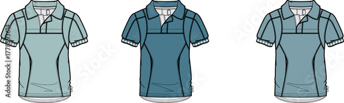 Three polo shirts in different shades of blue, featuring a collar and short sleeves