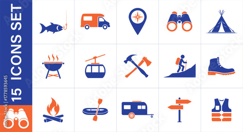 Camping and outdoor recreation icons. Outdoor Adventure and Camping Icons Set. outdoor activities 
like fishing, camping, hiking, and traveling