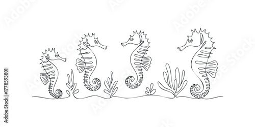 Continuous line drawing of four seahorses and aquatic plants