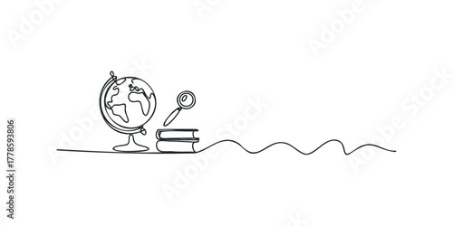 Simple line drawing of globe and stacked books with magnifying glass
