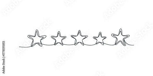 Continuous line drawing of five stars connected in a horizontal row
