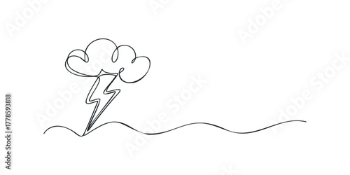 Continuous line drawing of a stormy cloud with lightning strike
