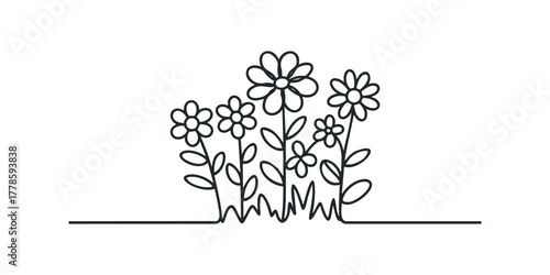 Simple line drawing of blooming flowers growing in grass