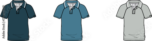 Three different colored polo shirts displayed side by side, showcasing classic collar and sleeve design