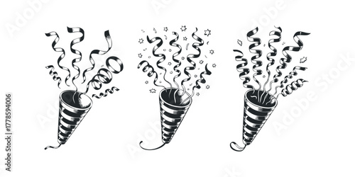 Party poppers exploding with streamers and stars