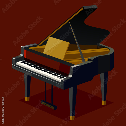 Elegant grand piano with open lid and sheet music silhouette