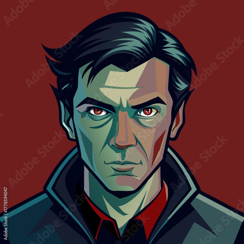 Intense vampire portrait with piercing red eyes and dramatic lighting silhouette