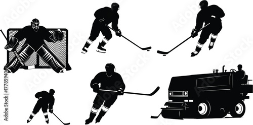 Hockey Silhouette Collection, Dynamic silhouettes capture the essence of ice hockey, from players in action to the essential ice resurfacing machine, showcasing the sport's energy and infrastructure.