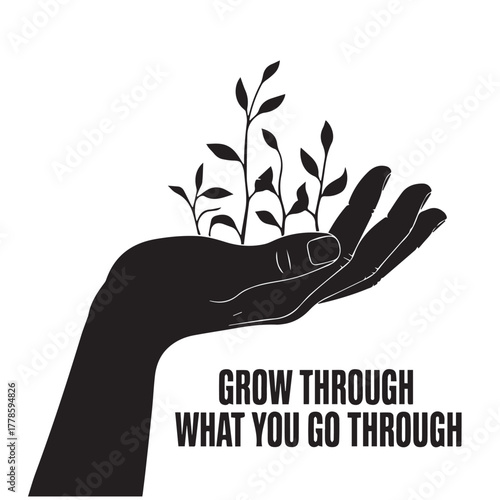 Hand-drawn vector illustration of person's hands holding a plant symbol, a concept of love and nature design