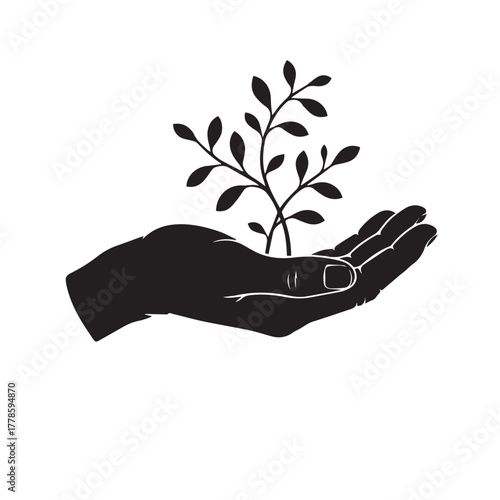 Green nature concept illustration of a human hand holding a growing plant or tree with a bright leaf and finger silhouette as a symbol of environment, ecology, and growth