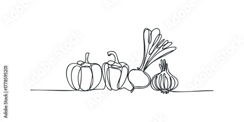 Continuous line drawing of fresh vegetables on a white background