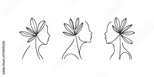 Line art profile heads with floral adornment