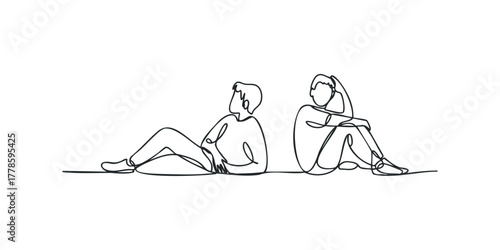 Two figures sitting back to back against a plain background.