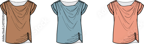 Three short-sleeved draped tops in different colors, a fashion illustration showing clothing design